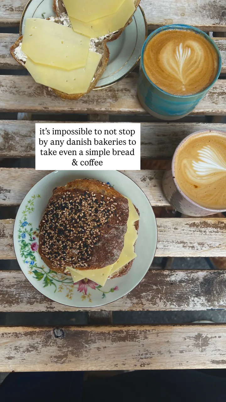 Bread, cheese and coffee at a Danish bakery