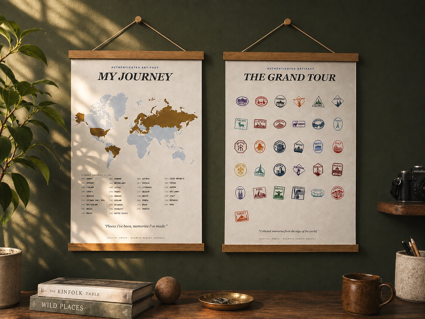 The personalized world map poster and stamp poster, framed side by side
