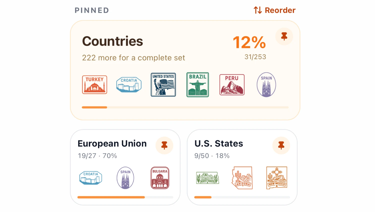 Multiple pinned collections at the top of the Stamps tab, one featured as a large card