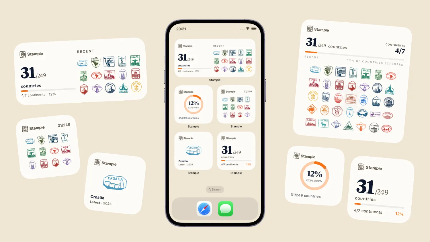 Stampie home screen widgets: a full Passport page and a latest-stamp widget